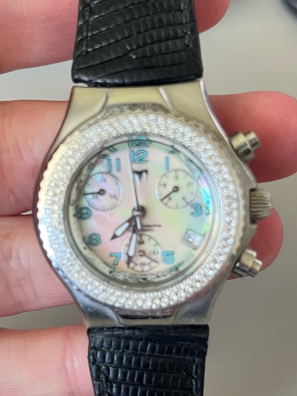 Technomarine Diamond and Silver Case Watch with Black Strap